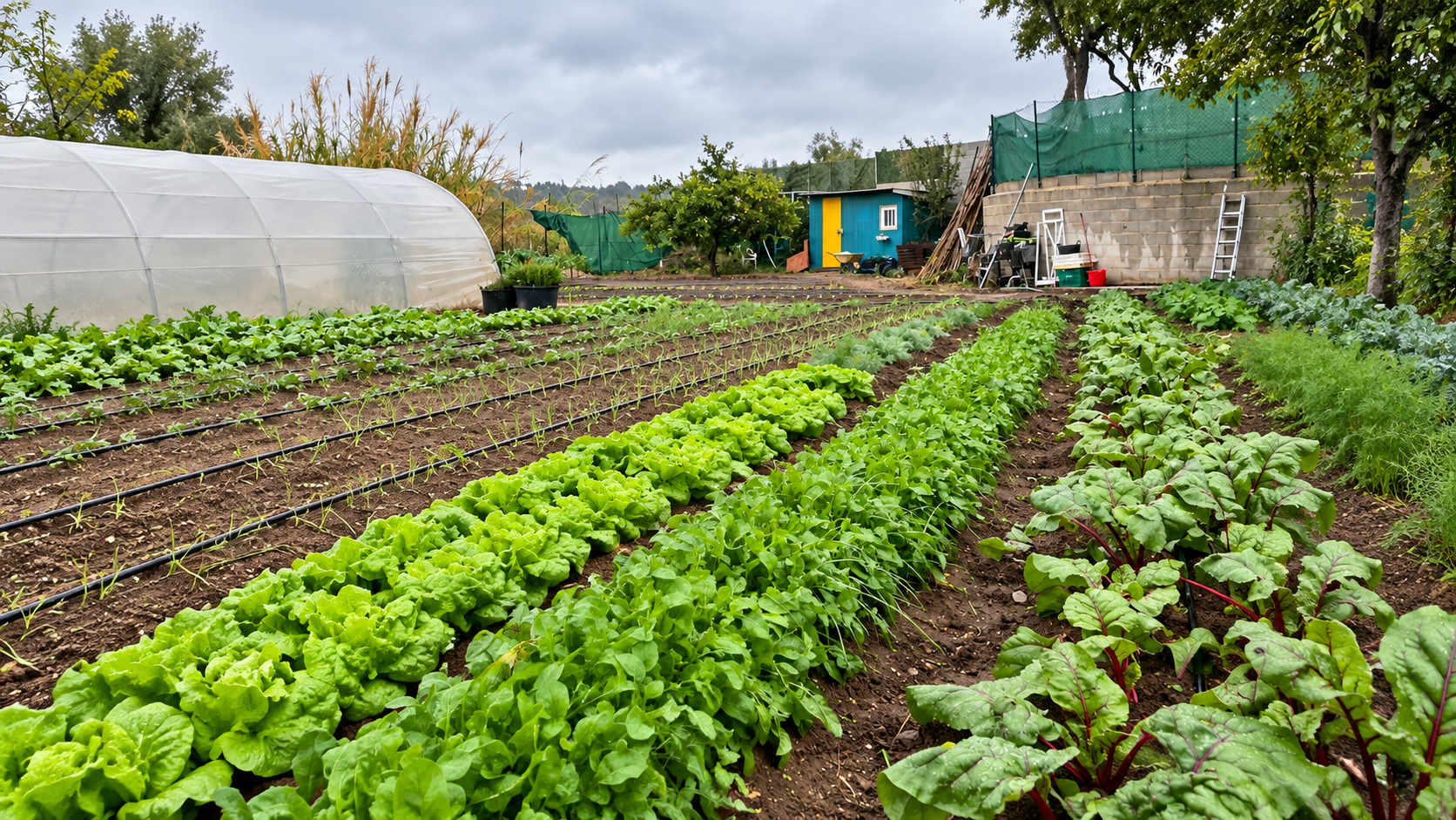 Rows of leafy greens and chard beside a small polytunnel.