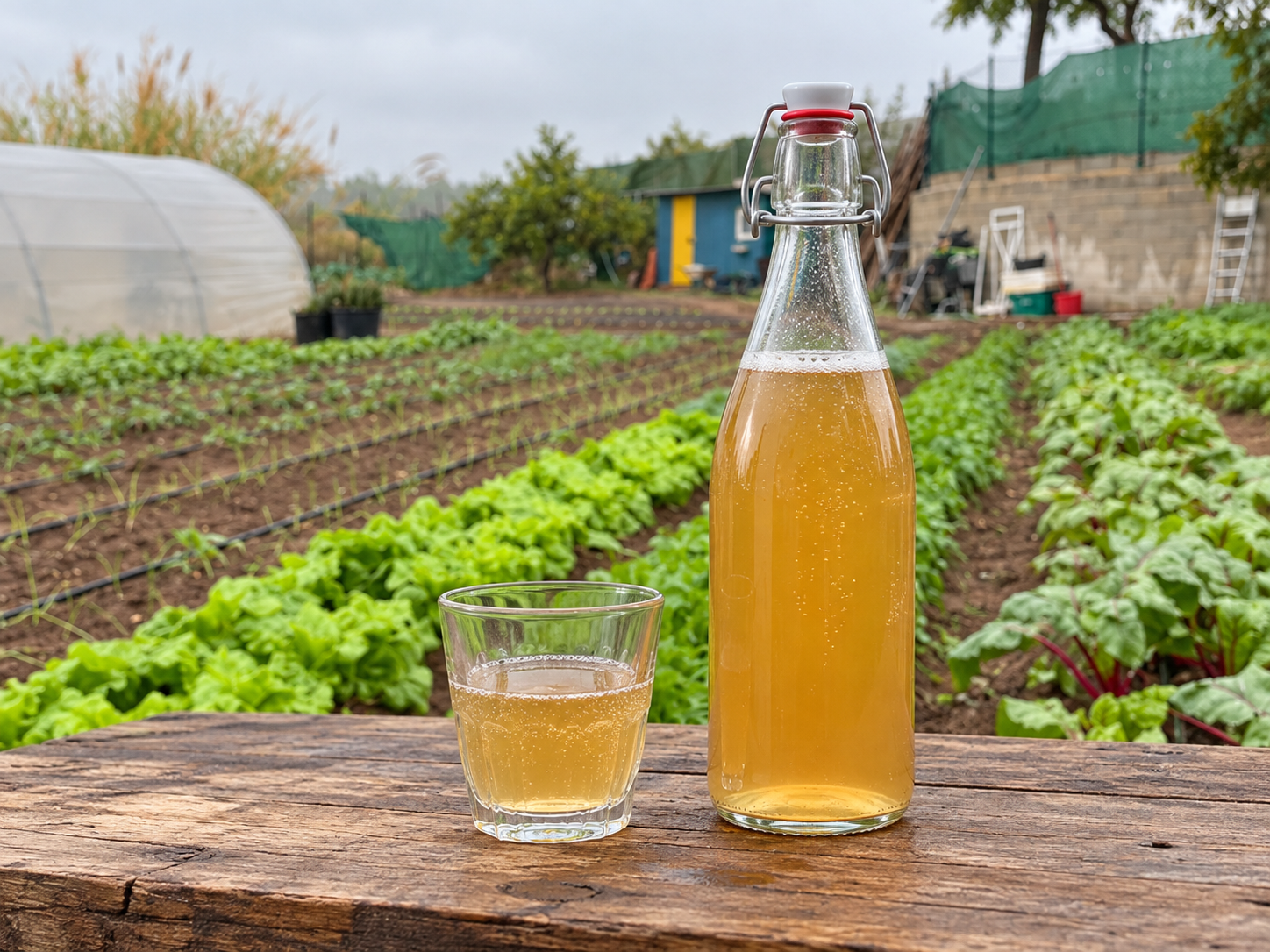 Flaske uden mærke med økologisk kombucha i Bionaturas have.